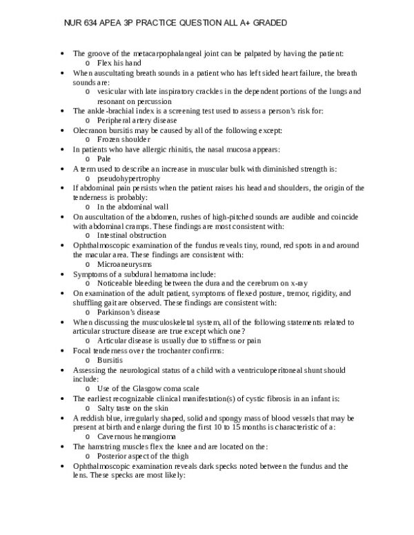 NUR634 Anatomy and Physiology 3P Practice Question With Answers (619 Solved Questions)