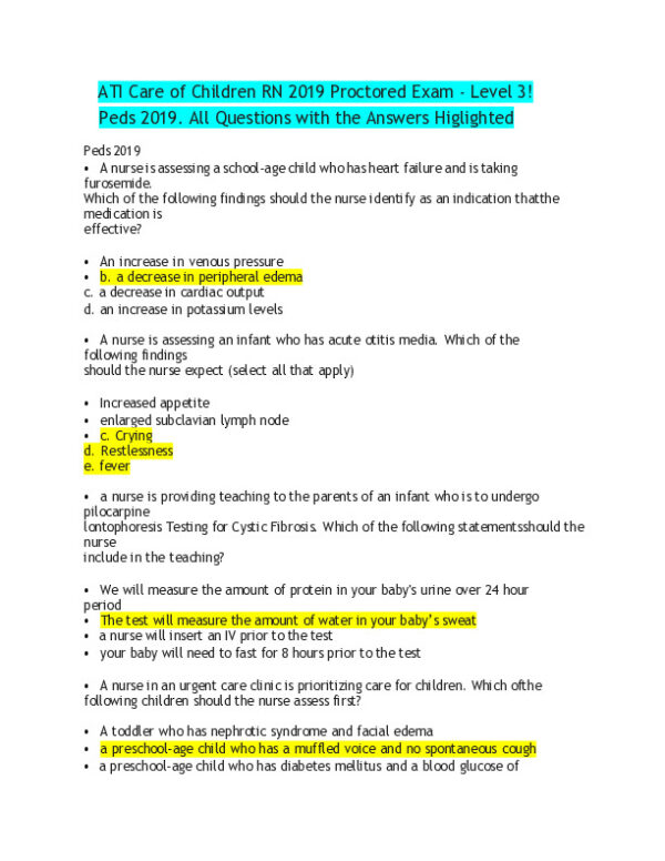 2019 ATI RN Care Of Children Proctored Exam Level 3 With Answers (62 Solved Questions)
