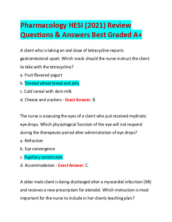 2021 HESI Pharmacology Review Exam With Answers (49 Solved Questions)