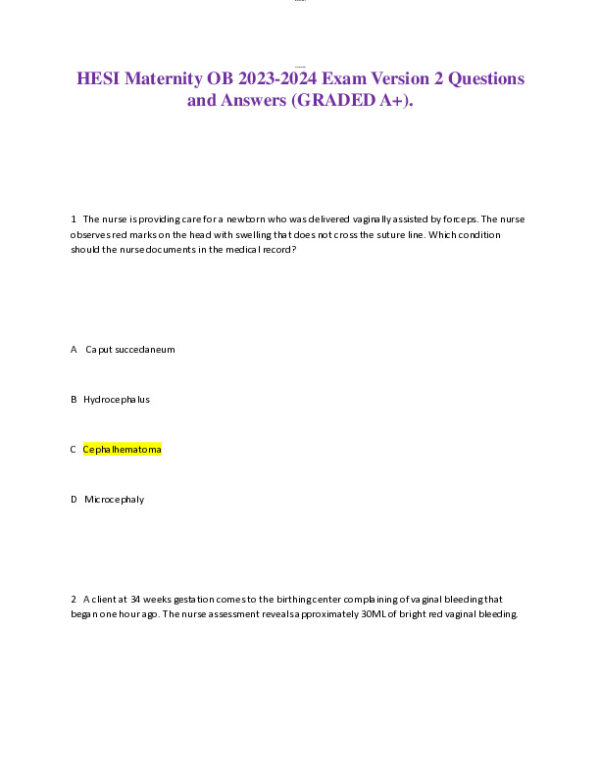 2023-2024 HESI Maternity OB Test Question Version 2 With Answers (49 Solved Questions)
