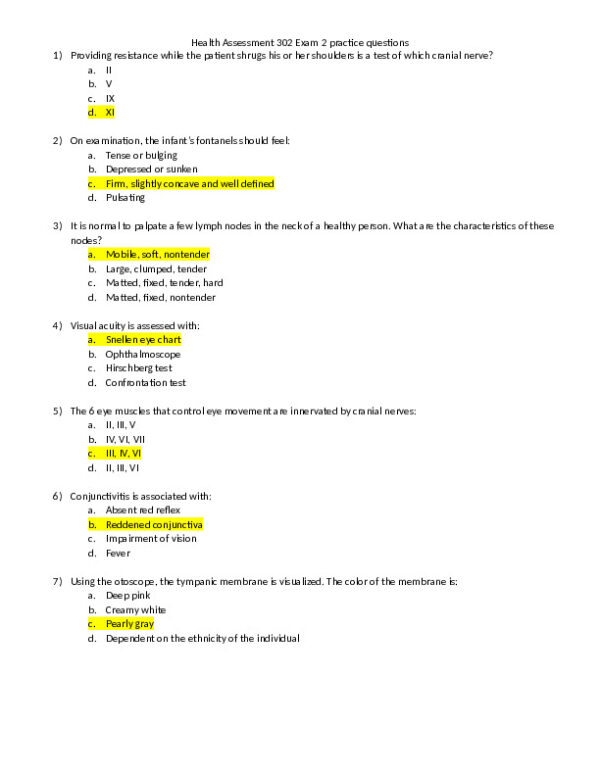 NR302 Health Assessment Exam 2 Practice Question With Answers (10 Solved Questions)
