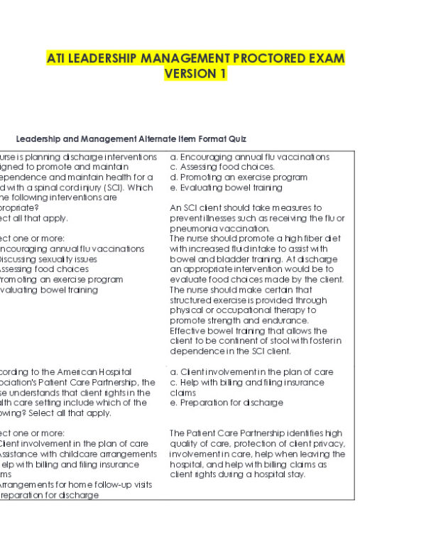 ATI RN Leadership Management Proctored Exam With NGN Version 1 With Answers (29 Solved Questions)