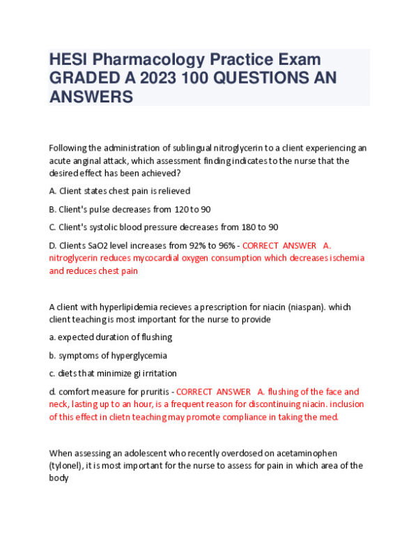 2023 HESI Pharmacology Practice Exam With Answers (65 Solved Questions)