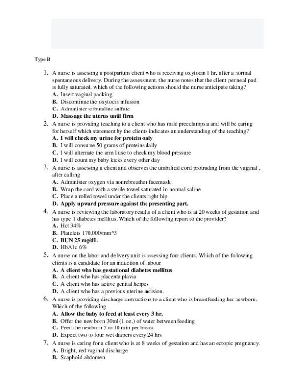 2022 HESI RN Women and Newborn Health Exit Exam Form B With Answers (65 Solved Questions)