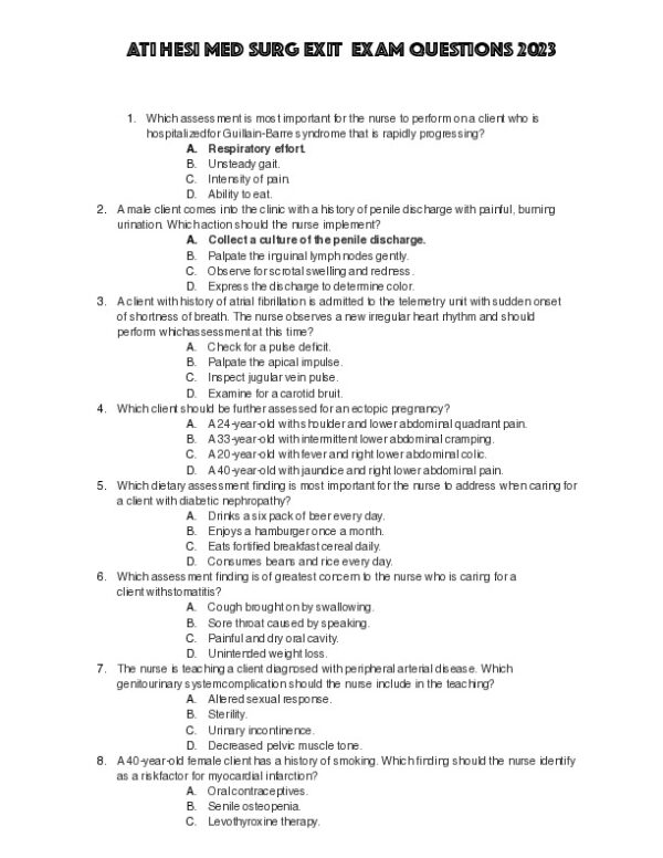 2023 HESI Medical Surgical Exit Exam With Answers (116 Solved Questions)