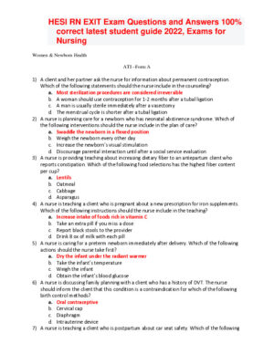 2022 HESI RN Women and Newborn Health Exit Exam Form A With Answers (70 Solved Questions)