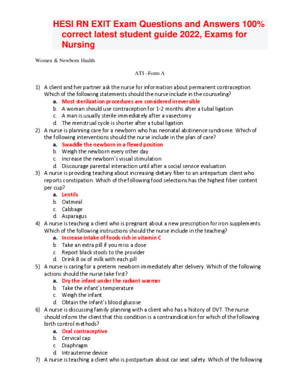 2022 HESI RN Women and Newborn Health Exit Exam Form A With Answers (70 Solved Questions)