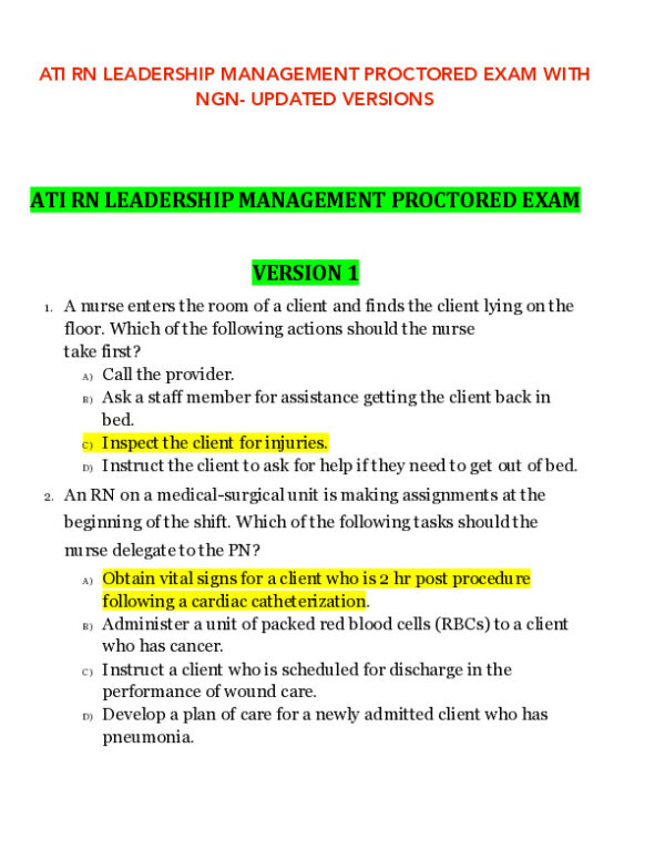 ATI RN Leadership Management Proctored Exam With NGN Version 1 With Answers (14 Solved Questions)