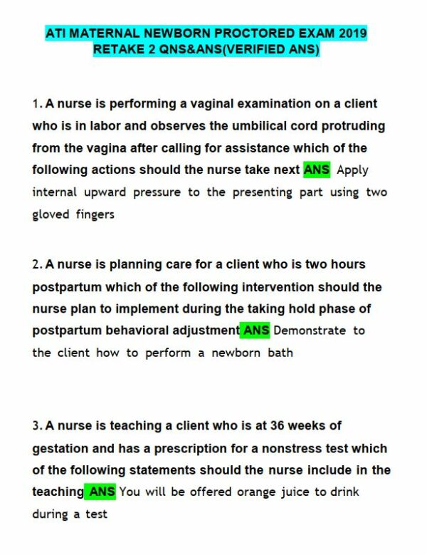 2019 ATI RN Proctored Exam with Answers (58 Solved Questions)