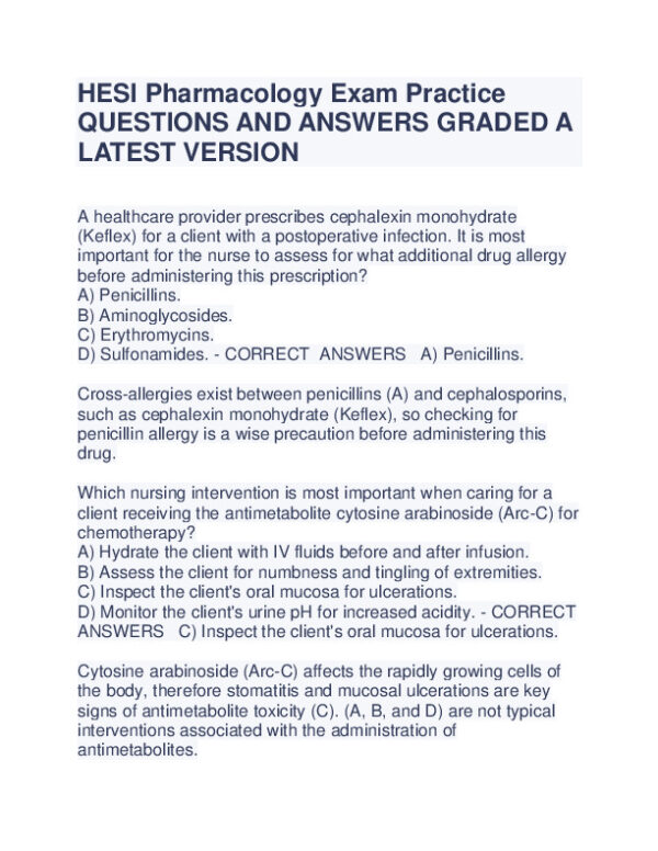 HESI Pharmacology Practice Exam With Answers (354 Solved Questions)