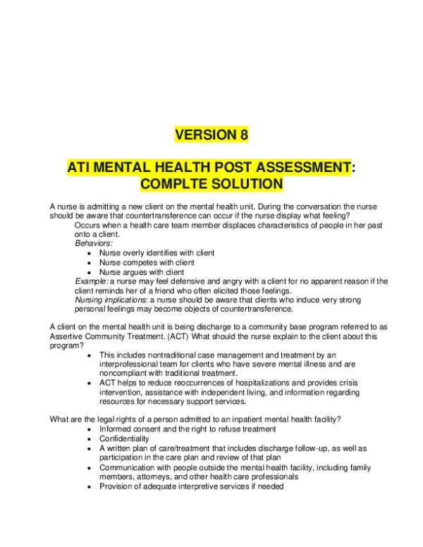 ATI RN Mental Health Proctored Exam NGN Version 8 With Answers (12 Solved Questions)