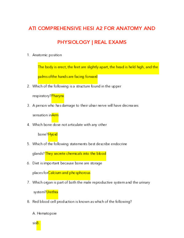 HESI Anatomy and Physiology A2 Comprehensive Real Exam With Answers (231 Solved Questions)