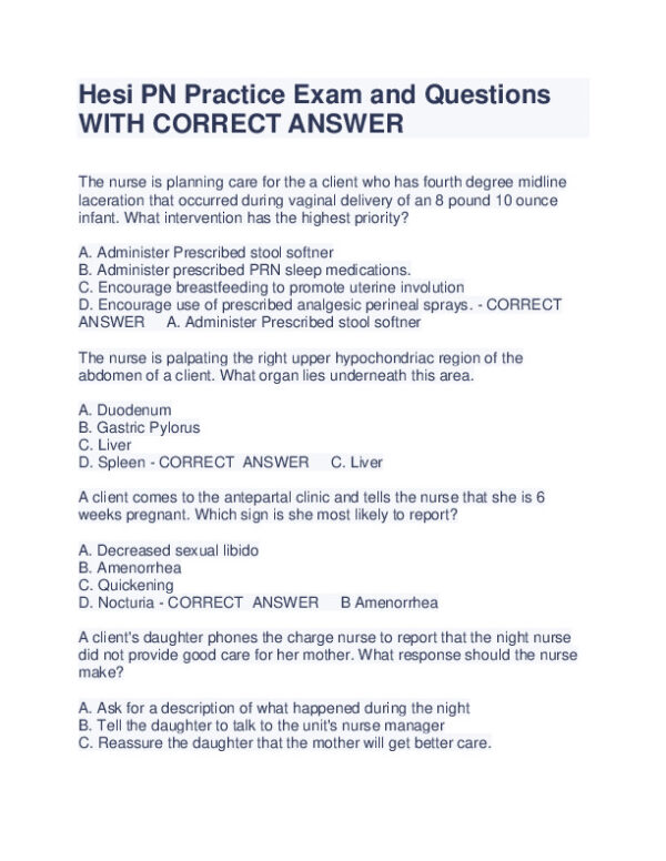 HESI PN Pediatrics Practice Exam With Answers (225 Solved Questions)