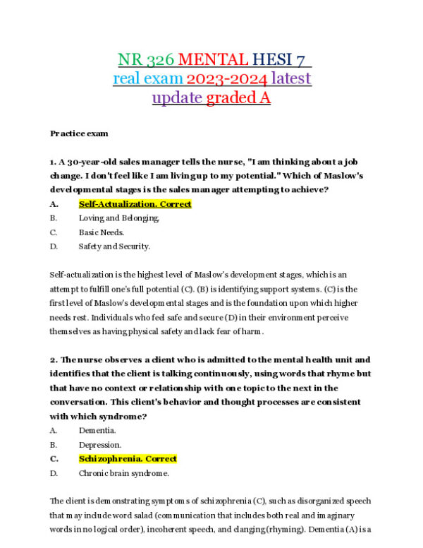 2023-2024 NR326 HESI Mental Health Real Exam With Answers (75 Solved Questions)