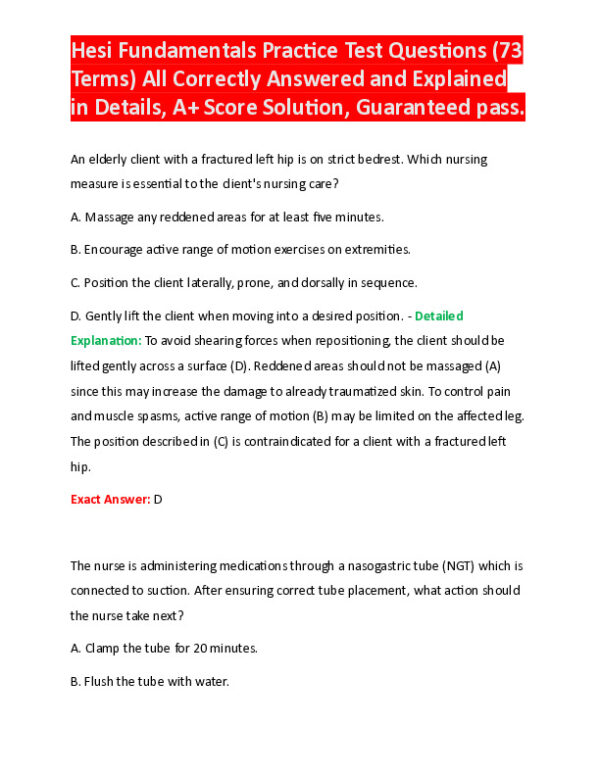 HESI Fundamentals Practice Exam With Answers (73 Solved Questions)