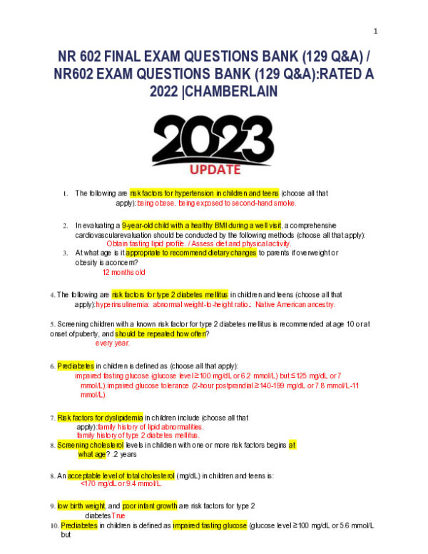 2022-2023 NR602 Pharmacology Final Exam With Answers (129 Solved Questions)