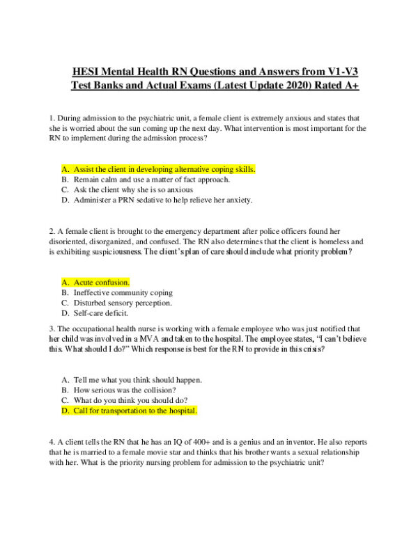 2020 HESI RN Mental Health Testbanks Version 1 With Answers (27 Solved Questions)