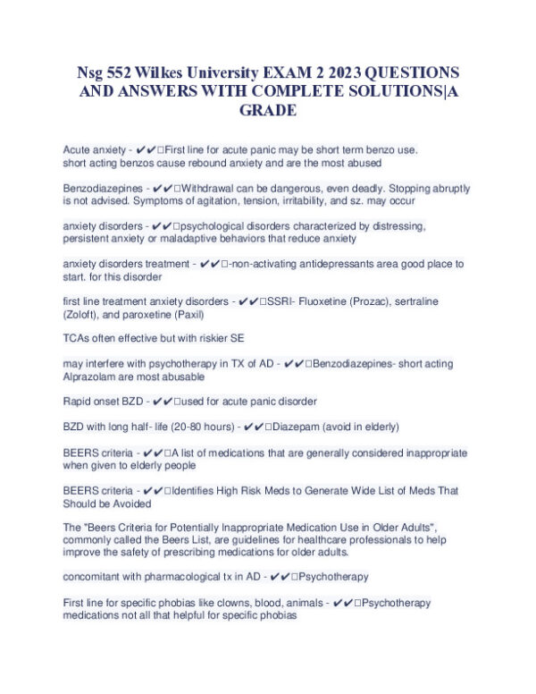 2023 NSG552 Wilkes University Pharmacology Exam 2 With Answers (75 Solved Questions)