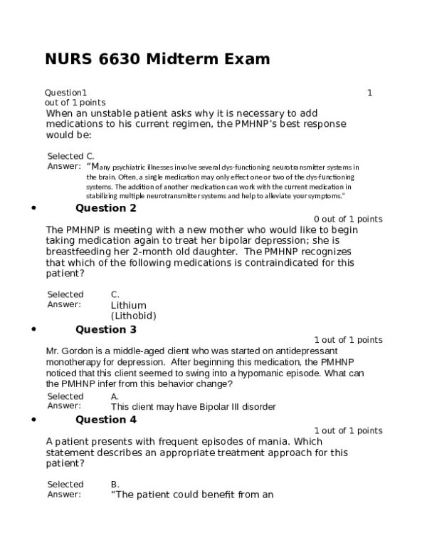 2021 NURS6630 Walden University Psychopathology Mid term Exam With Answers (76 Solved Questions)