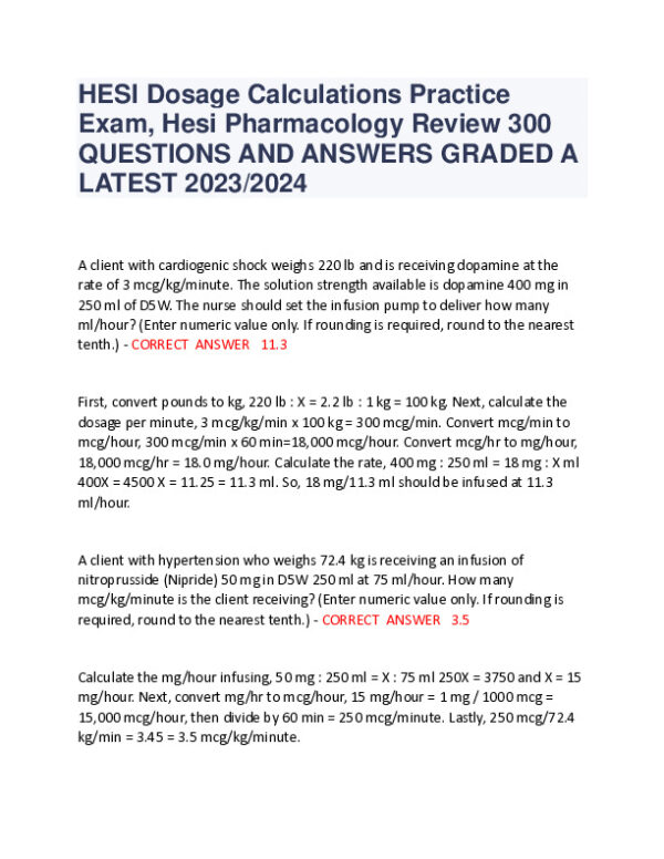 2023-2024 HESI Pharmacology Practice Exam With Answers (234 Solved Questions)