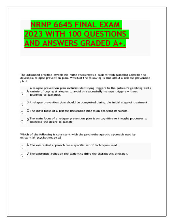 2023 NRNP6645 Psychotherapy Final Exam With Answers (210 Solved Questions)