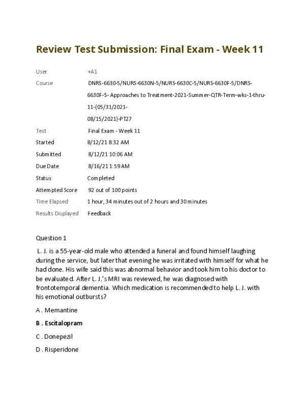2021 NURS6630 Psychotherapy Final Exam Week 11 With Answers (50 Solved Questions)