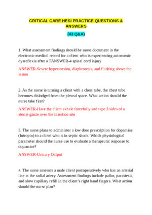 HESI Critical Care Practice Question With Answers (8 Solved Questions)