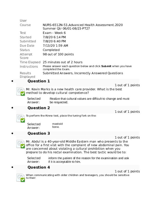 2020 NURS6512 Health Assessment Midterm Exam With Answers (100 Solved Questions)