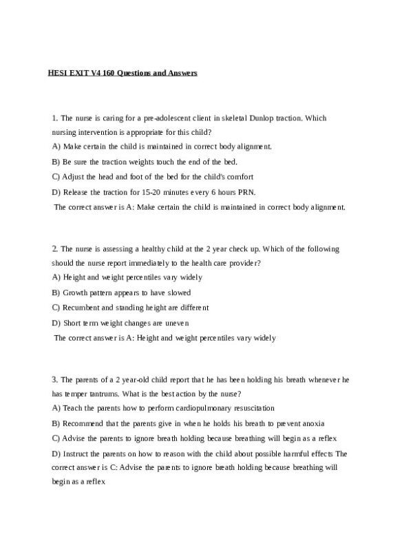 2023 HESI PN Pediatrics Comphensive Predictor Exit Exam Version 4 With Answers (401 Solved Questions)
