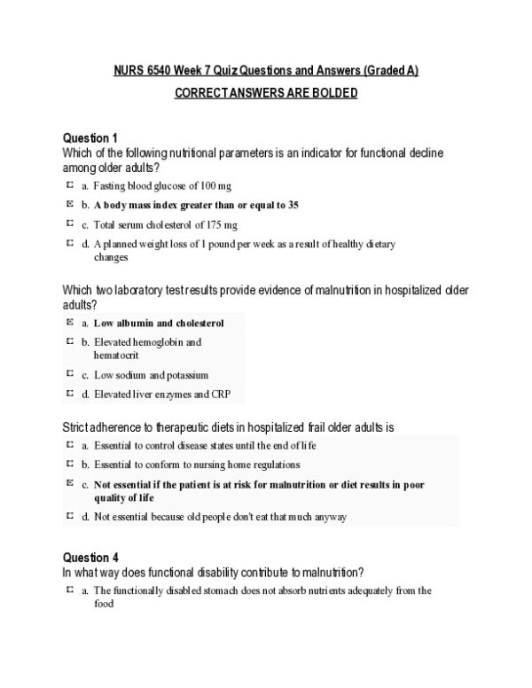 NURS6540 Nutrition Practice Exam With Answers (10 Solved Questions)