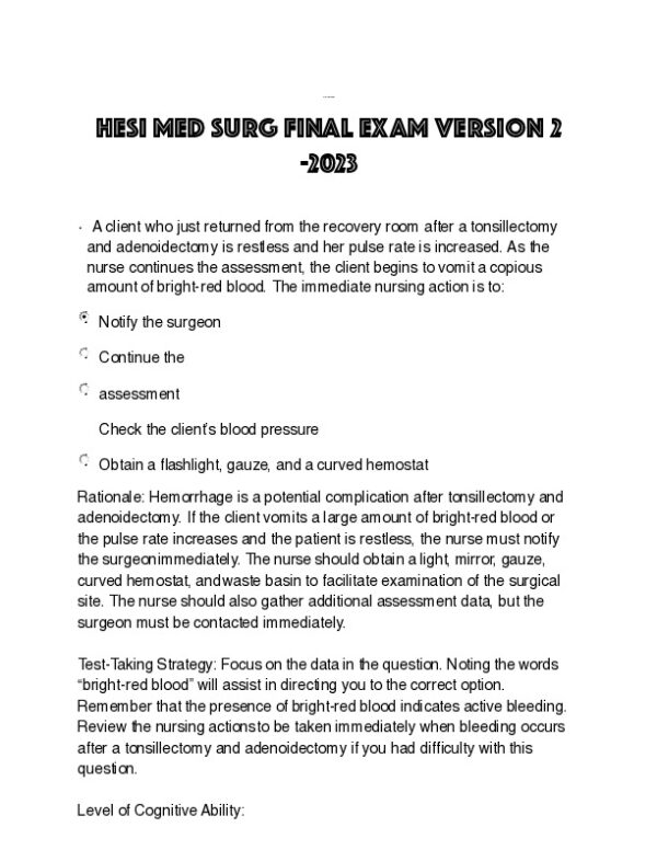 2023 HESI Medical Surgical Final Exam Version 2 With Answers (100 Solved Questions)