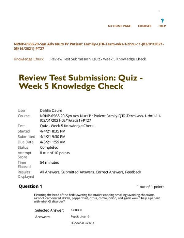 2021 NURS6568 Clinical Analysis Review Test Submission: Quiz - Week 5 Knowledge Check With Answers (10 Solved Questions)