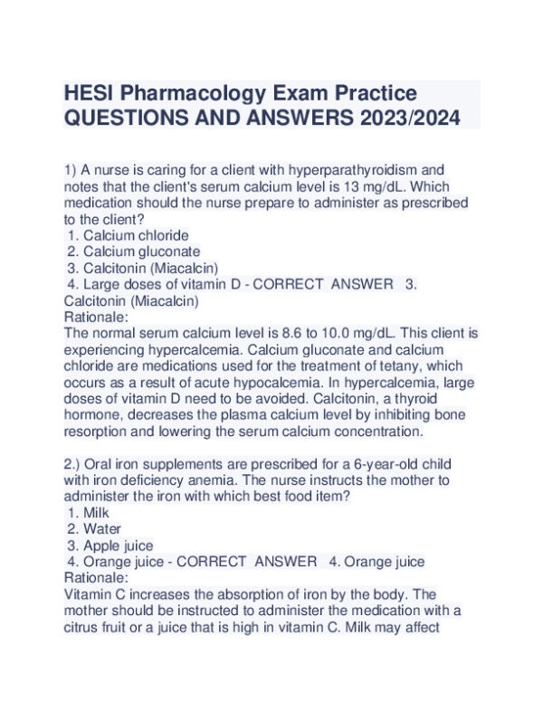 2023-2024 HESI Pharmacology Practice Exam With Answers (245 Solved Questions)