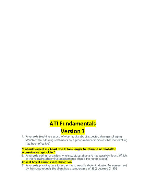 ATI RN Fundamental Proctored Exam With NGN Version 3 With Answers (40 Solved Questions)