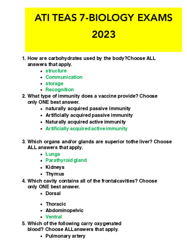 2023 ATI Biology Teas Exam with Answers (27 Solved Questions)