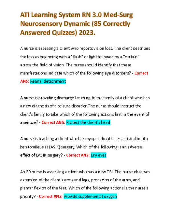 2023 ATI RN Medical Surgical Neurosensory Dynamic Practice Exam With Answers (85 Solved Questions)