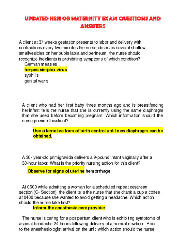 HESI Maternity OB Practice Exam With Answers (29 Solved Questions)