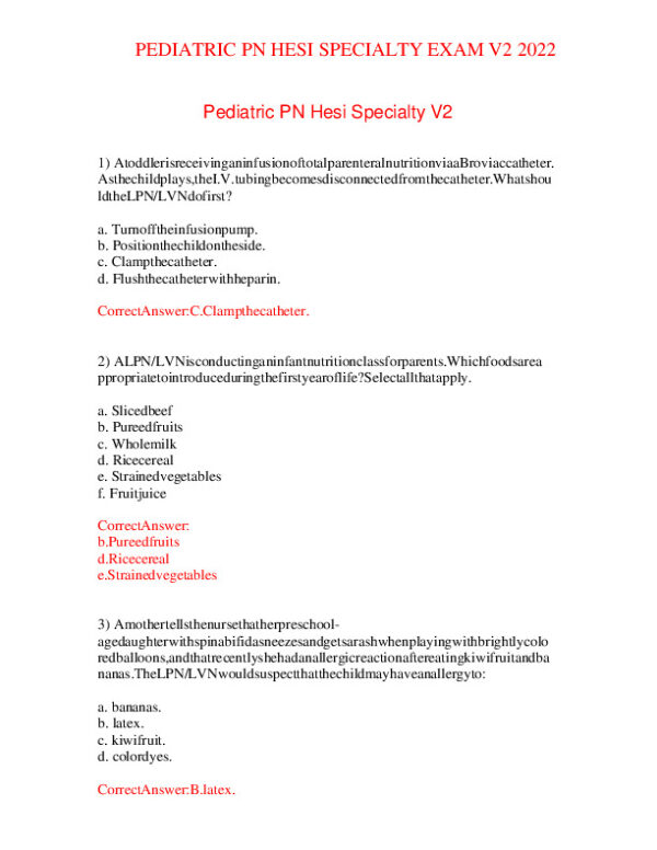 2022 HESI PN Pediatrics Speciality Exam Version 2 With Answers (55 Solved Questions)