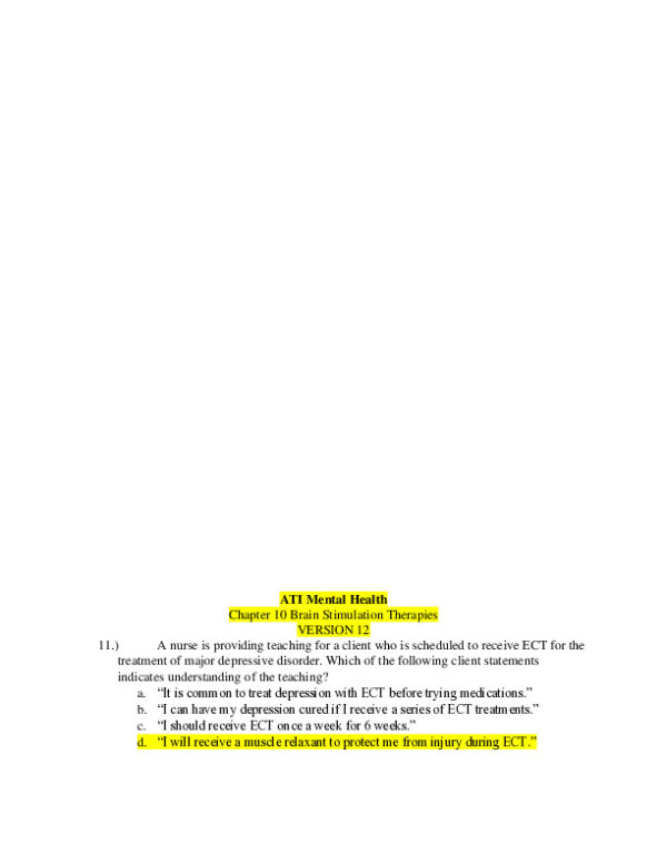 ATI RN Mental Health Proctored Exam NGN Version 12 With Answers (40 Solved Questions)
