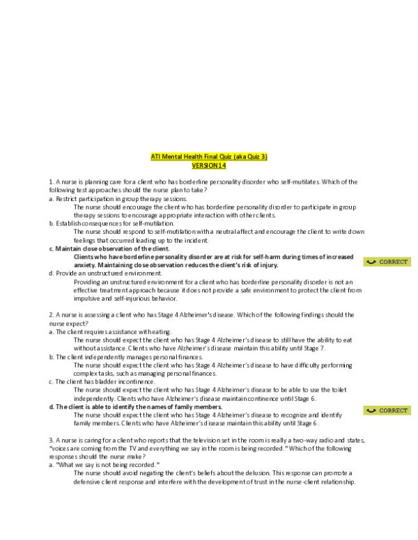 ATI RN Mental Health Proctored Exam NGN Version 14 With Answers (50 Solved Questions)