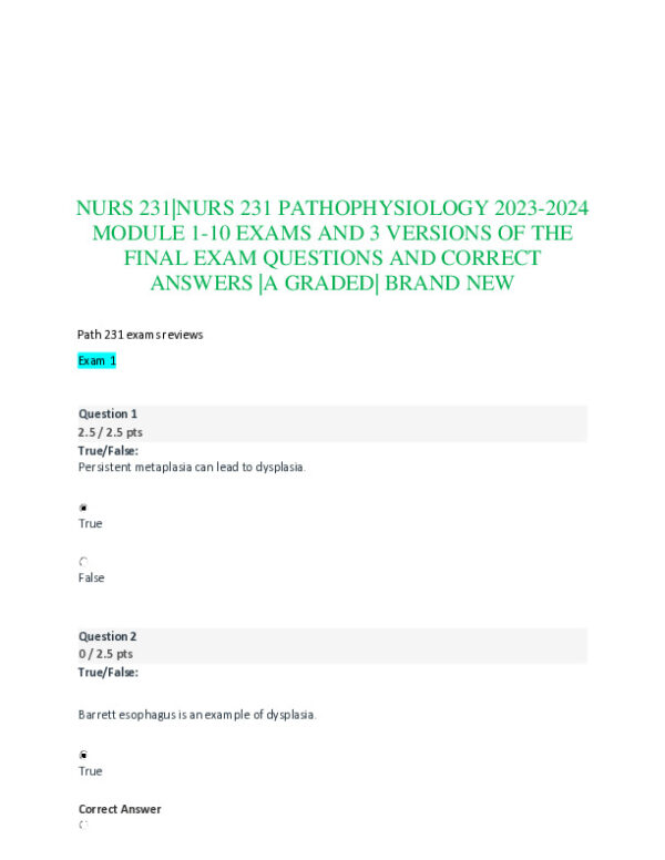 2023-2024 NURS231 Pathophysiology Final Exam Module 1 With Answers (22 Solved Questions)