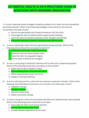 2019 ATI Mental Health Proctored Exam with Answers (73 Solved Questions)
