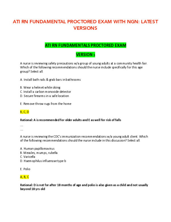 ATI RN Fundamental Proctored Exam With NGN Version 1 With Answers (111 Solved Questions)