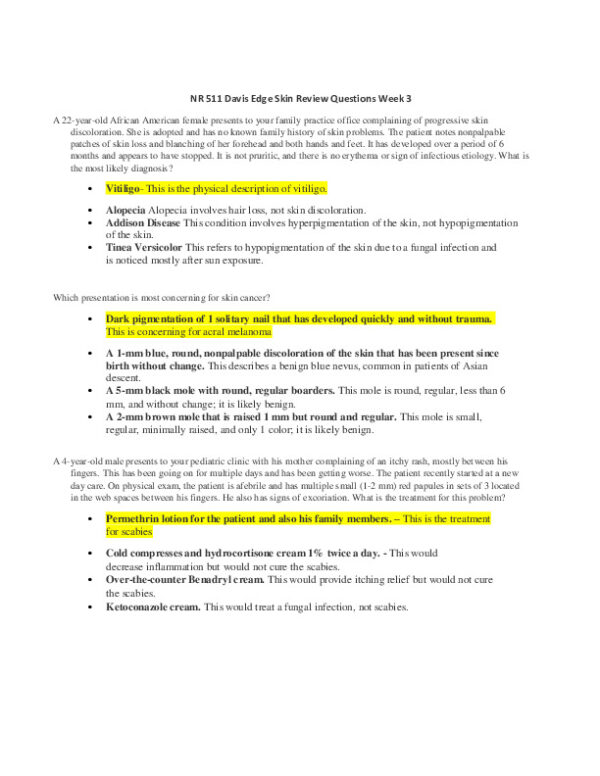 NR511 Differential Diagnosis Midterm Review Week 3 Practice Question With Answers (94 Solved Questions)
