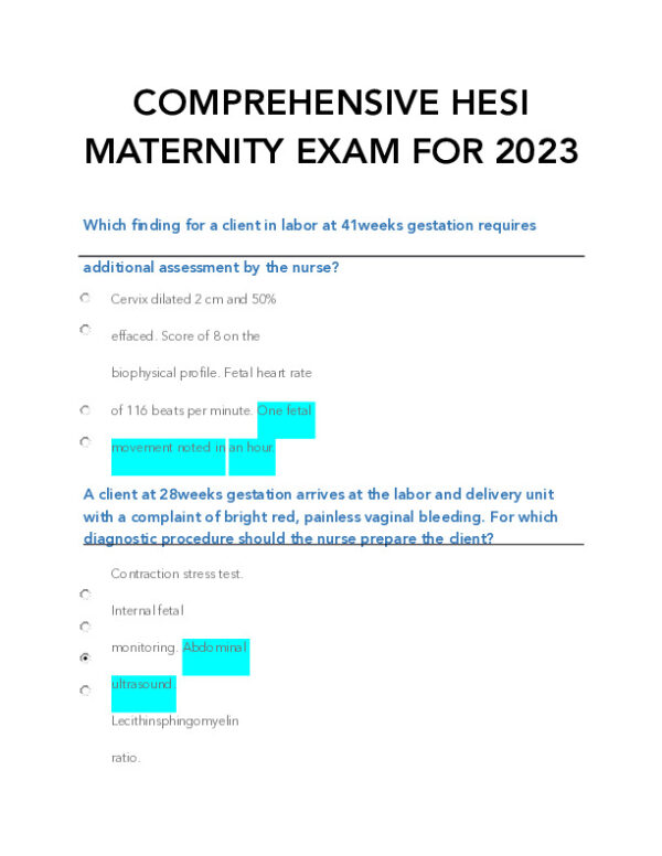 2023 HESI Maternity Comprehensive Exam With Answers (14 Solved Questions)