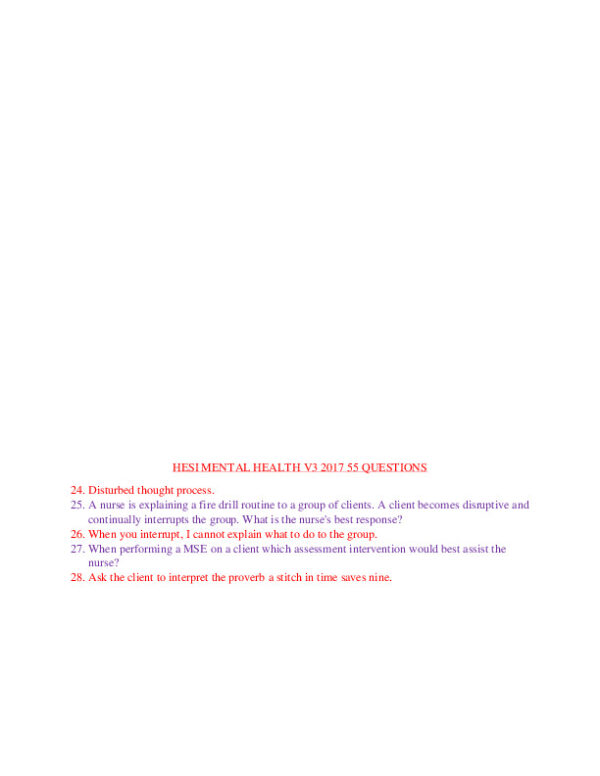 2020-2021 HESI Houston Community College RN Mental Health Testbank Version 3 With Answers (143 Solved Questions)