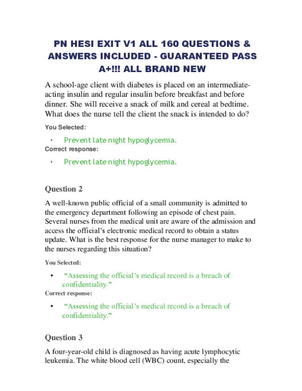 2019 HESI PN Pediatrics Exit Exam Version 1 With Answers (160 Solved Questions)