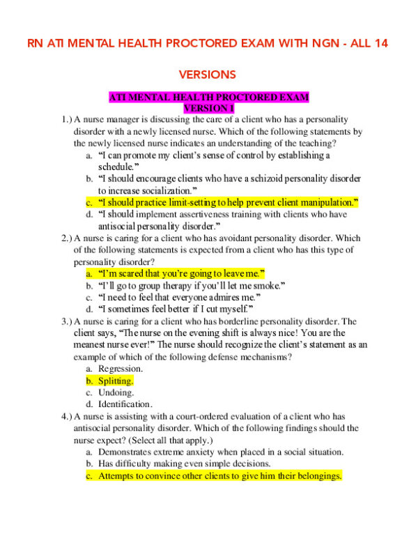 ATI RN Mental Health Proctored Exam NGN Version 1 With Answers (135 Solved Questions)