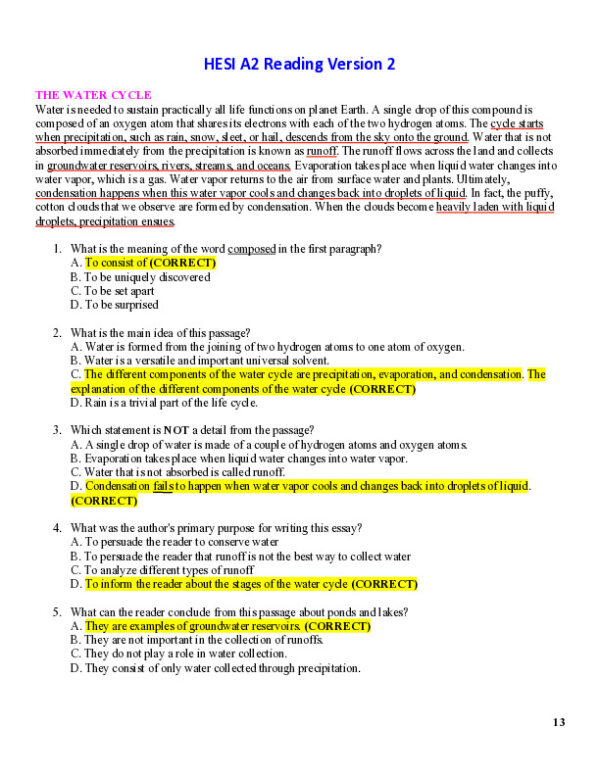 HESI Reading Passages A2 Exam Version 2 With Answers (131 Solved Questions)