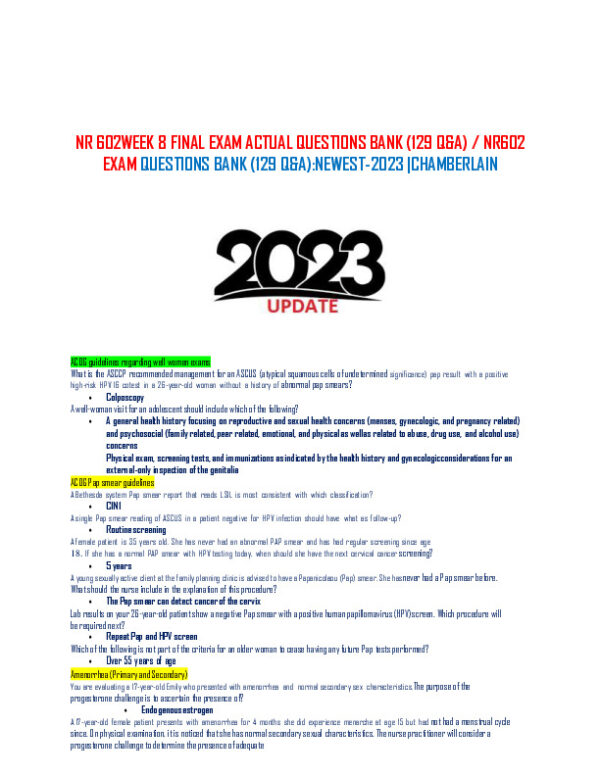 2023 NR602 Chamberlain University Clinical Analysis Final Exam Week 8 With Answers (113 Solved Questions)